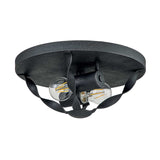 The Bradbury 2 Light Flush in Grey Ash is a stylish and contemporary ceiling light fixture featuring a round design with two exposed bulbs, accented by twisted metal ribbons for added flair.