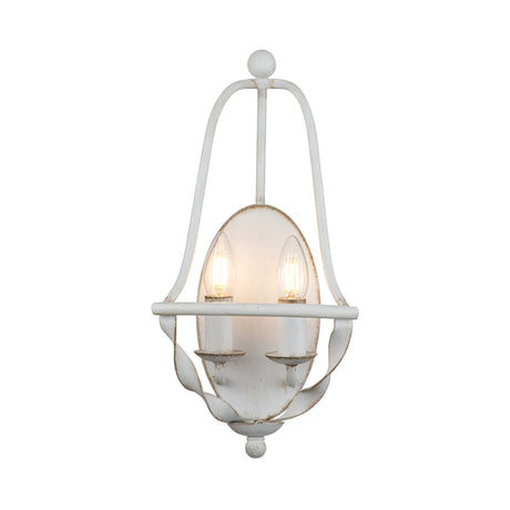 The Bradbury 2 Light Wall Light in Antique White features a dual light setup with two candle-shaped bulbs. Its gracefully curved metal frame and rustic, weathered finish provide a vintage allure, adding an elegant touch to your decor.