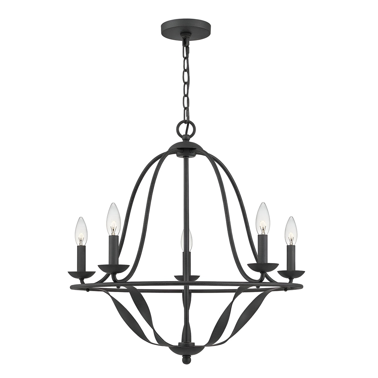 The Bradbury 5 Light Chandelier in Grey Ash exudes contemporary flair with its elegant design. It features an open, curved frame with a hanging chain and houses five candle-shaped light bulbs, making it a perfect addition to stylish interior settings.
