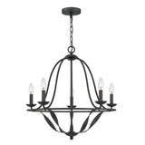The Bradbury 5 Light Chandelier in Grey Ash exudes contemporary flair with its elegant design. It features an open, curved frame with a hanging chain and houses five candle-shaped light bulbs, making it a perfect addition to stylish interior settings.