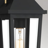 Close-up of the Buckley 1 Light Coastal Small Outdoor Wall Lights Lantern in black, featuring clear glass panels and a vertical tubular bulb, set against a softly lit plain background.