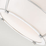 A close-up of the Chance 2 Light Flush, a modern white ceiling light fixture with a circular, minimalist design and polished chrome accents. The flush mount lighting is photographed from below, showcasing its sleek and contemporary style against a neutral background.