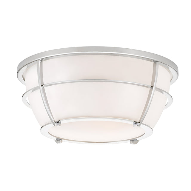 The Chance 2 Light Flush - Polished Chrome ceiling light showcases a white frosted glass shade paired with a sleek metallic frame in polished chrome. Its circular design, featuring horizontal and vertical silver bands, provides a contemporary look ideal for flush mount lighting that complies with IP44 rating standards.