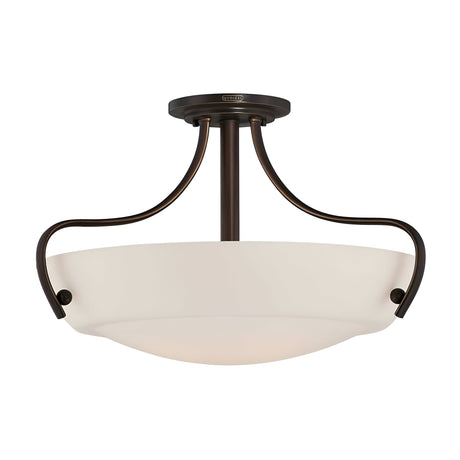 The Chantilly 3 Light Semi-Flush in bronze features an opal-etched glass diffuser and elegant curved arms with a Palladian Bronze finish.