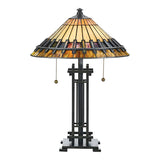 The Chastain 2 Light Tiffany Table Lamp in Vintage Bronze boasts a stained glass shade adorned with an Arts and Crafts geometric pattern in earthy tones. Its design is enhanced by a structured base featuring two pull chains for effortless operation.
