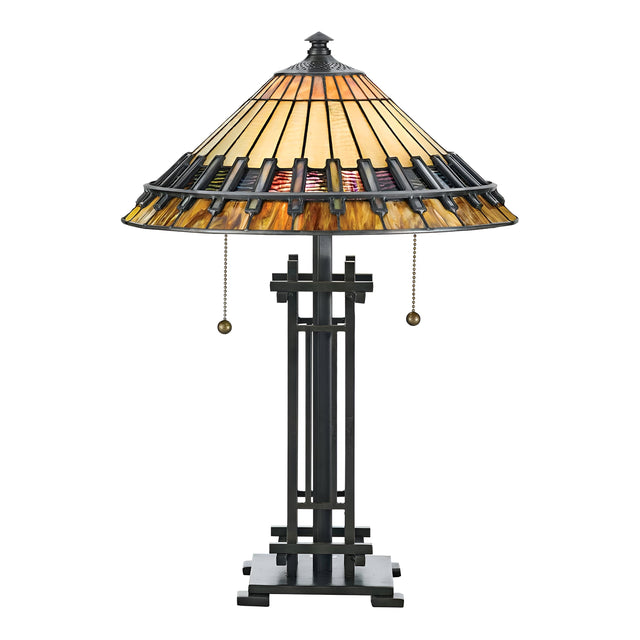 The Chastain 2 Light Tiffany Table Lamp in Vintage Bronze boasts a stained glass shade adorned with an Arts and Crafts geometric pattern in earthy tones. Its design is enhanced by a structured base featuring two pull chains for effortless operation.