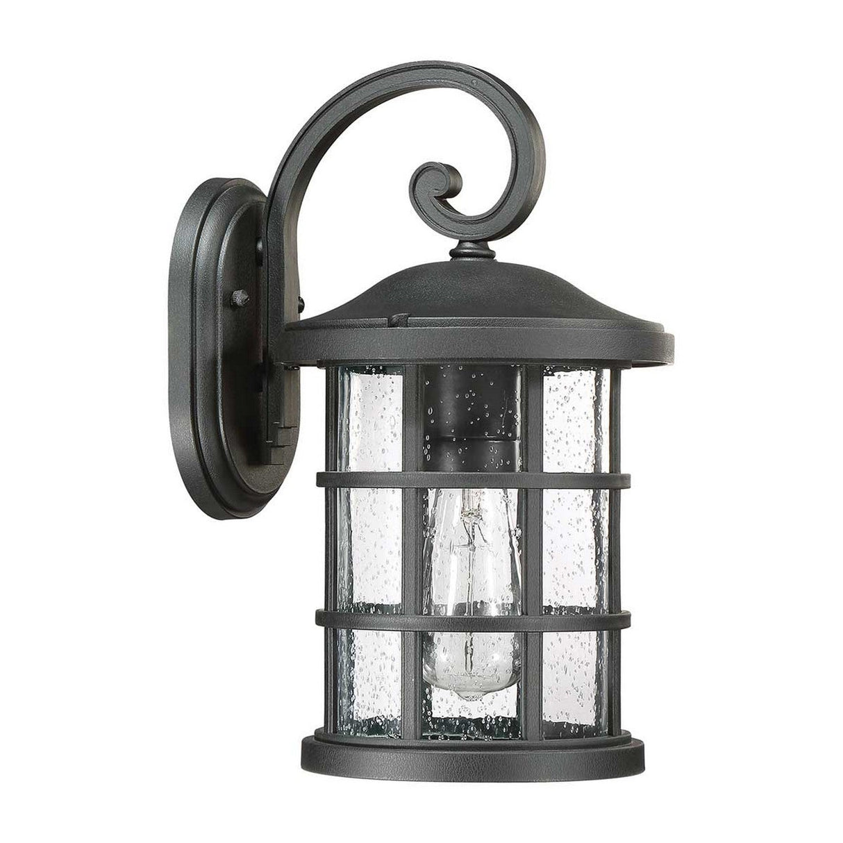 Introducing the Crusade Outdoor 1 Light Medium Wall Lantern in black, featuring an elegant scroll design at the top. This IP44-rated fixture is crafted to withstand the elements and displays clear, textured glass panels that accentuate a visible light bulb inside. Supported by a sturdy metal frame, it exudes a charming rustic appearance ideal for any setting.