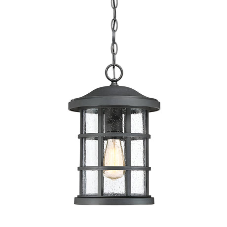 Introducing the Crusade Outdoor 1 Light Chain Pendant in Black: This elegant hanging outdoor light features a sleek black metal frame and clear glass panels. Inside, a vintage-style bulb emits a warm glow, perfect for creating an inviting atmosphere. Built from durable composite material and suspended by a chain, this lantern is ideal for porch or outdoor lighting with its craftsman design.