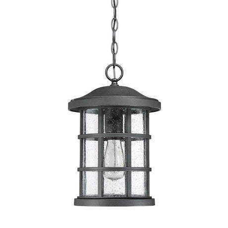 The Crusade Outdoor 1 Light Chain Pendant in Black features a cylindrical design inspired by Craftsman aesthetics, with a dark metal frame and clear textured glass panes enclosing a single bulb. It is elegantly suspended by a metal chain for outdoor hanging.