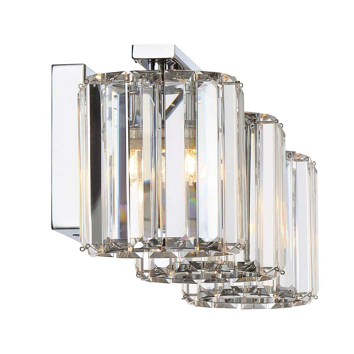 The Divine 3 Light Wall Light - Polished Chrome showcases a contemporary wall sconce design with a polished chrome finish and crystal glass accents. It features three cylindrical glass shades arranged in a linear format, providing bright illumination while maintaining an elegant and sleek appearance.
