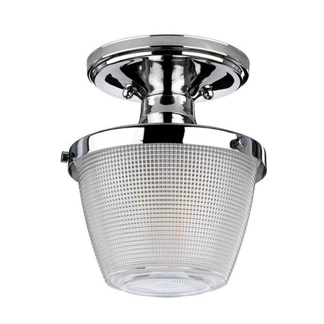 Introducing the Dublin 1 Light Semi Flush - Polished Chrome, a modern ceiling light fixture featuring a polished chrome base and a textured glass shade. This design expertly combines sleek metal with a translucent grid pattern, bringing contemporary style to your bathroom lighting or enhancing diverse interior styles.
