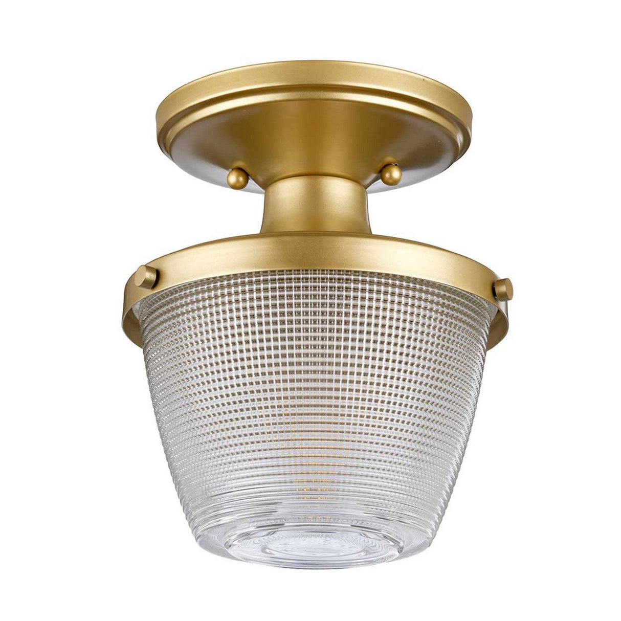 The Dublin 1 Light Semi Flush - Natural Brass stunningly enhances bathroom lighting with its natural brass circular base and textured glass shade. Boasting a clear, patterned design that conceals a single bulb, it offers a modern and elegant ambiance.