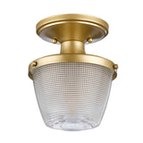 The Dublin 1 Light Semi Flush - Natural Brass stunningly enhances bathroom lighting with its natural brass circular base and textured glass shade. Boasting a clear, patterned design that conceals a single bulb, it offers a modern and elegant ambiance.