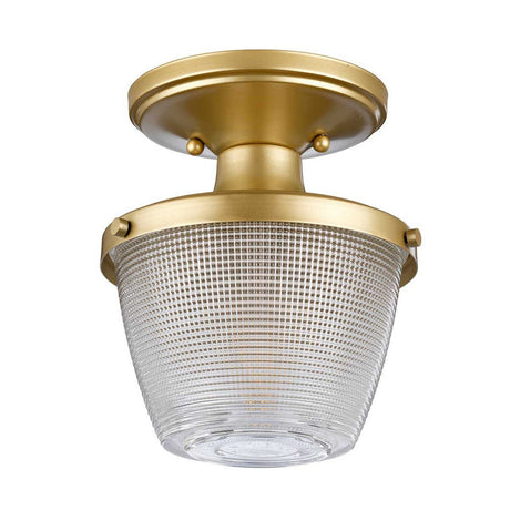 The Dublin 1 Light Semi Flush - Natural Brass stunningly enhances bathroom lighting with its natural brass circular base and textured glass shade. Boasting a clear, patterned design that conceals a single bulb, it offers a modern and elegant ambiance.