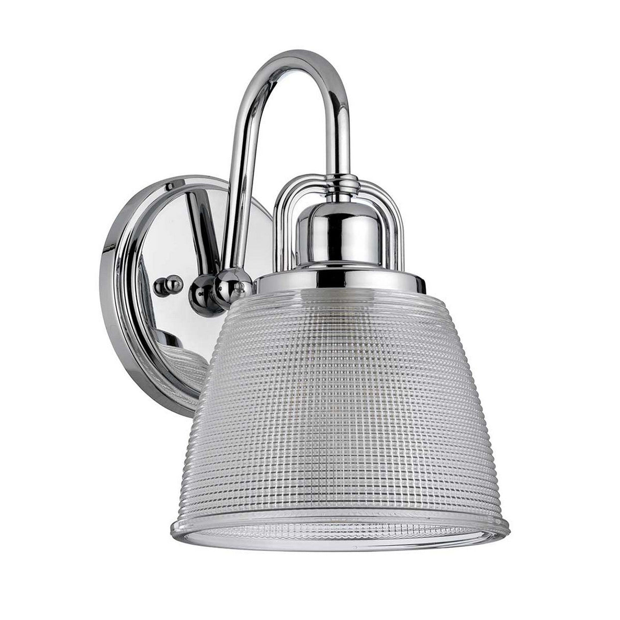 The Dublin 1 Light Wall Light in polished chrome features a curved arm and ribbed glass shade, offering a sleek, modern design ideal for bathroom lighting against a white background.