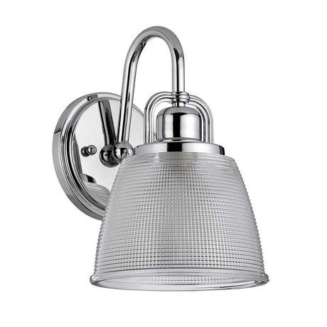 The Dublin 1 Light Wall Light in polished chrome features a curved arm and ribbed glass shade, offering a sleek, modern design ideal for bathroom lighting against a white background.