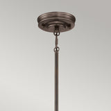 An up-close look at the Emery 1 Light Medium Pendant in a Palladian Bronze finish, featuring a vintage-inspired design with a rod and chain attachment. The background is a plain, light gray color.