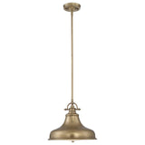 Product: Emery 1 Light Medium Pendant - Weathered Brass. This vintage lighting piece features a weathered brass finish, a dome-shaped shade with an ornate attachment on a straight rod, and an adjustable hanging height—ideal for adding charm to classic and industrial interiors.