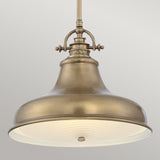The Emery 1 Light Medium Pendant in weathered brass features a wide, bell-shaped shade and a frosted glass diffuser. Hanging from a matching brass rod against a neutral backdrop, it radiates timeless charm.