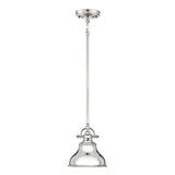 Introducing the Emery 1 Light Mini Pendant in Imperial Silver, showcasing a stylish and modern industrial design. It features a sleek curved glass shade suspended by an elongated rod, complemented by a shiny metal finish and a vintage-inspired fixture.