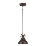 The Emery 1 Light Mini Pendant - Palladian Bronze features a dome-shaped shade and is suspended from a rod and chain. This vintage-inspired fixture showcases industrial styling with decorative elements on the top and bottom, offering a touch of timeless elegance.