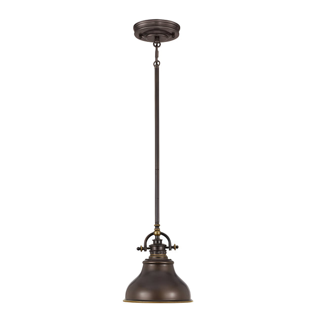The Emery 1 Light Mini Pendant - Palladian Bronze features a dome-shaped shade and is suspended from a rod and chain. This vintage-inspired fixture showcases industrial styling with decorative elements on the top and bottom, offering a touch of timeless elegance.
