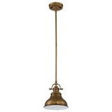 The Emery 1 Light Mini Pendant in Weathered Brass features a timeless dome-shaped shade hanging from a single rod, adding vintage-style elegance to any space.