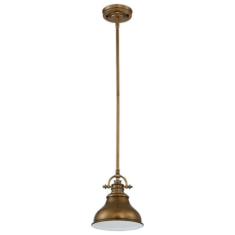The Emery 1 Light Mini Pendant in Weathered Brass features a timeless dome-shaped shade hanging from a single rod, adding vintage-style elegance to any space.