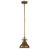 The Emery 1 Light Mini Pendant in weathered brass showcases a dome-shaped shade and an adjustable rod, elegantly suspended from a circular ceiling mount. The prismatic lens diffuser enhances its straightforward, industrial design, allowing it to seamlessly adapt to various interior styles.