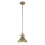 The Emery 1 Light Mini Pendant in weathered brass showcases a vintage-inspired dome shade suspended from a straight rod and round ceiling mount. When illuminated, it casts a gentle glow through its prismatic lens diffuser.
