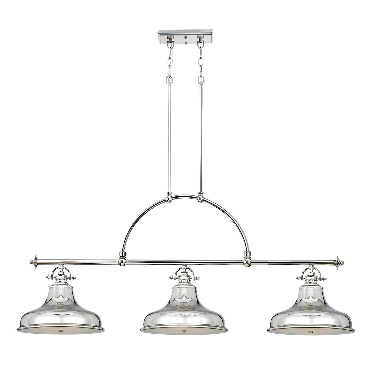 Presenting the Emery 3 Light Island Pendant - Imperial Silver: A stylish and modern lighting fixture featuring three polished metallic dome shades in an elegant imperial silver finish. Suspended from a rectangular ceiling mount by two rods and chains, this design effortlessly combines elements of vintage Americana with industrial and contemporary styles.