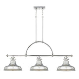 Presenting the Emery 3 Light Island Pendant - Imperial Silver: A stylish and modern lighting fixture featuring three polished metallic dome shades in an elegant imperial silver finish. Suspended from a rectangular ceiling mount by two rods and chains, this design effortlessly combines elements of vintage Americana with industrial and contemporary styles.