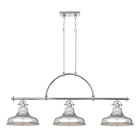 Presenting the Emery 3 Light Island Pendant - Imperial Silver: A stylish and modern lighting fixture featuring three polished metallic dome shades in an elegant imperial silver finish. Suspended from a rectangular ceiling mount by two rods and chains, this design effortlessly combines elements of vintage Americana with industrial and contemporary styles.