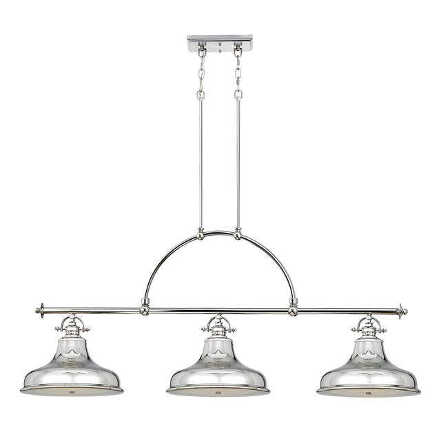 Presenting the Emery 3 Light Island Pendant - Imperial Silver: A stylish and modern lighting fixture featuring three polished metallic dome shades in an elegant imperial silver finish. Suspended from a rectangular ceiling mount by two rods and chains, this design effortlessly combines elements of vintage Americana with industrial and contemporary styles.