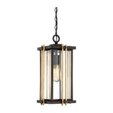 Introducing the Goldenrod Outdoor 1 Light Medium Chain Pendant - Bronze, a lantern-style light fixture featuring a black metal frame and glass panels. This Western Bronze outdoor pendant is elegantly suspended by a sturdy chain, showcasing a visible bulb that evokes vintage or industrial charm reminiscent of mid-century lighting designs.