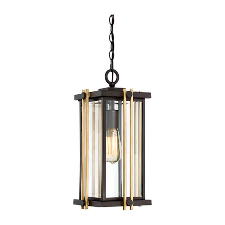 Introducing the Goldenrod Outdoor 1 Light Medium Chain Pendant - Bronze, a lantern-style light fixture featuring a black metal frame and glass panels. This Western Bronze outdoor pendant is elegantly suspended by a sturdy chain, showcasing a visible bulb that evokes vintage or industrial charm reminiscent of mid-century lighting designs.