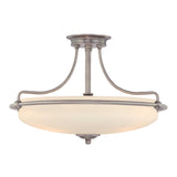Introducing the Griffin 4 Light Semi-Flush in Antique Nickel, a contemporary fixture showcasing a frosted glass dome shade, refined curved metal arms, and an eye-catching central finial for versatile ambient lighting.
