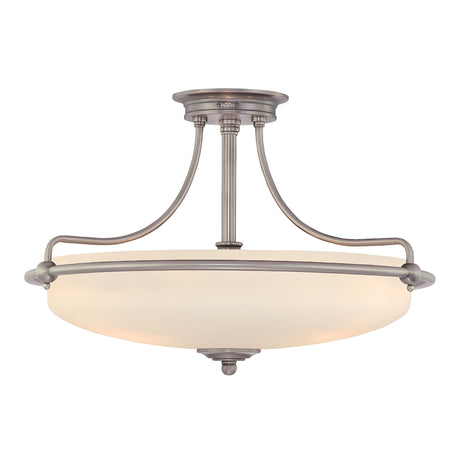 Introducing the Griffin 4 Light Semi-Flush in Antique Nickel, a contemporary fixture showcasing a frosted glass dome shade, refined curved metal arms, and an eye-catching central finial for versatile ambient lighting.