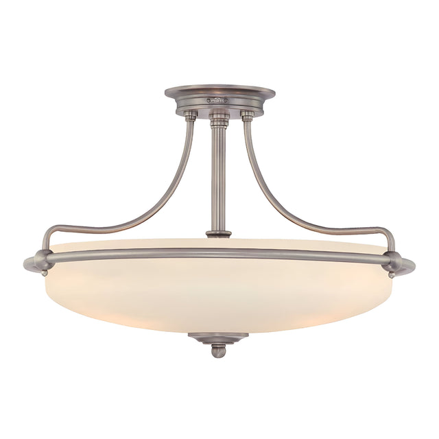 Introducing the Griffin 4 Light Semi-Flush in Antique Nickel, a contemporary fixture showcasing a frosted glass dome shade, refined curved metal arms, and an eye-catching central finial for versatile ambient lighting.