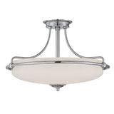 The Griffin 4 Light Semi-Flush in polished chrome features an opaque white glass dome, elegant curved metal supports, and a central decorative element, embodying modern elegance with its sleek and contemporary style.