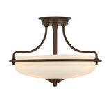 The Griffin 3 Light Semi-Flush in Palladian Bronze showcases a white glass shade and graceful curved arms, delivering gorgeous ambient lighting for any room.