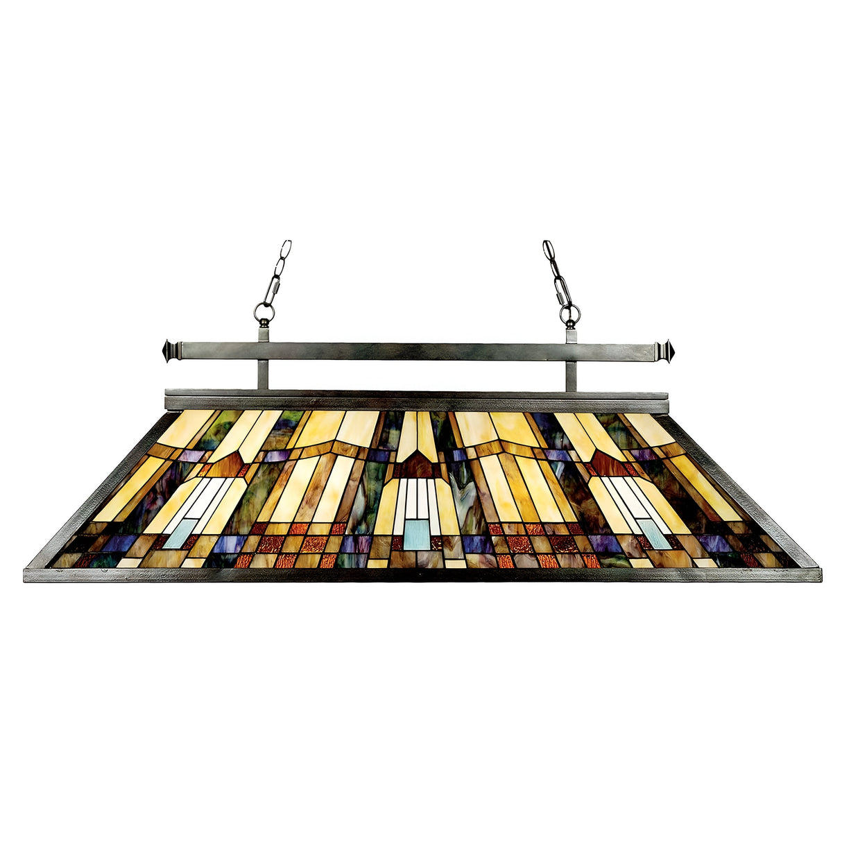 The Inglenook 3 Light Tiffany Island Chandelier - Valiant Bronze features a rectangular stained glass design with geometric patterns in shades of yellow, brown, and blue, suspended by two metal chains boasting a Valiant Bronze finish.