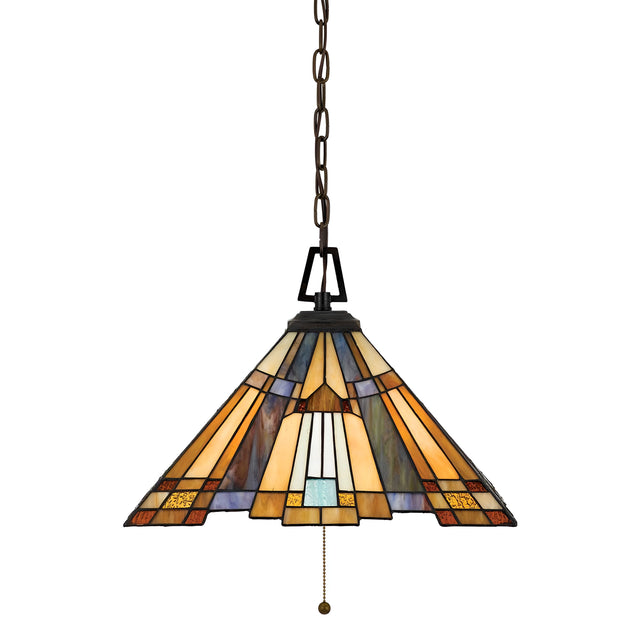 The Inglenook 3 Light Small Tiffany Pendant in Valiant Bronze is crafted in the Arts & Crafts style, showcasing a geometric pattern with shades of amber, gold, and gray. It is designed with a triangular shape and intricate color blocks, hanging elegantly from a chain. This pendant lamp includes a convenient pull chain for easy operation.