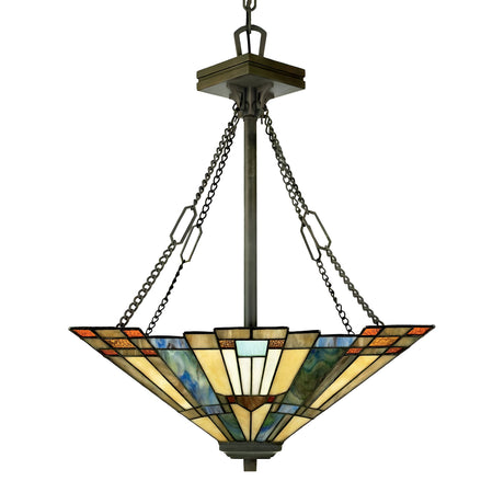 The Inglenook 3 Light Large Tiffany Pendant in Valiant Bronze showcases a stunning stained-glass chandelier with a geometric design featuring shades of blue, green, amber, and red. It is elegantly suspended from a metal rod and chains.