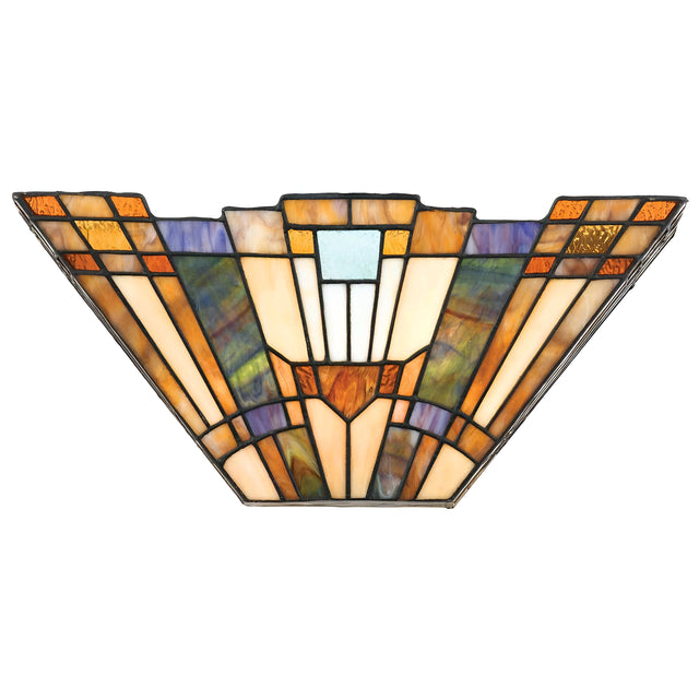 The Inglenook 2 Light Tiffany Wall Light in Valiant Bronze boasts an Art Deco stained glass sconce with geometric patterns in shades of orange, yellow, blue, and green. Its symmetrical lines and shapes create a vibrant, vintage look that perfectly complements any Arts & Crafts lighting collection.