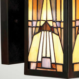 The Inglenook Outdoor 1 Light Small Wall Lantern in Valiant Bronze showcases an Arts & Crafts style design with geometric patterns in amber, beige, and gray hues, framed by dark metal. Its symmetrical lines and shapes offer a decorative and artistic appeal reminiscent of a stained glass window.