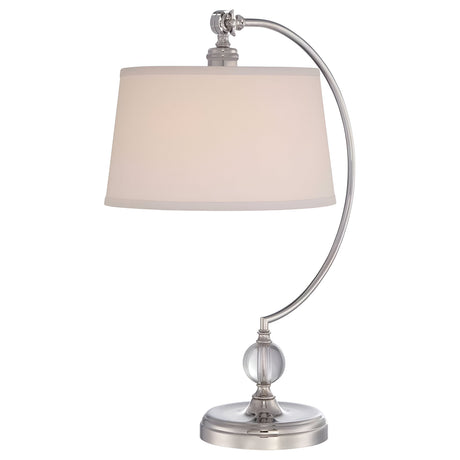 Introducing the Jenkins 1 Light Table Lamp - a contemporary masterpiece featuring a polished nickel finish and an elegant curved metallic stand. The design is complemented by a white drum shade and enhanced with a spherical glass accent at the base, perfectly tailored for modern decor.