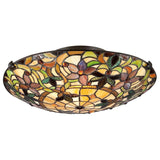 Discover the allure of Tiffany-style artistry with the Kami 2 Light Tiffany Flush in Vintage Bronze. Featuring a floral design composed of yellow, orange, green, and purple hues, this stained glass ceiling light fixture creates an intricate circular pattern that enhances the elegance of any room.