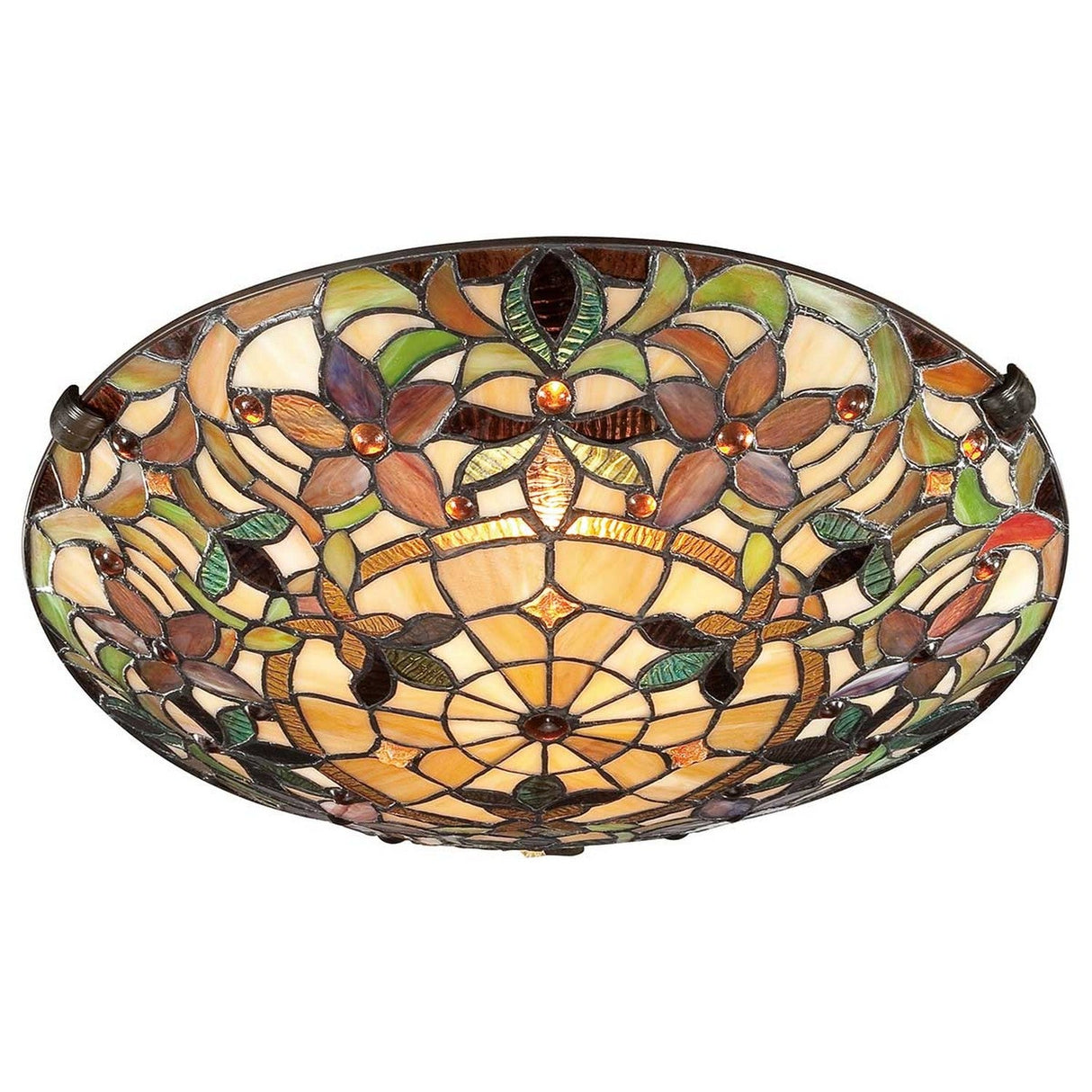 The Kami 2 Light Tiffany Flush in Vintage Bronze is a round stained glass ceiling light displaying intricate floral patterns in shades of brown, green, and cream. The design incorporates geometric shapes and jewel-like accents, producing a warm and elegant glow.