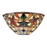 A Kami 2 Light Tiffany Wall Light in vintage bronze, featuring floral and geometric Art Nouveau stained glass patterns in warm amber, red, and green tones. This wall sconce elegantly enhances any classic decor.